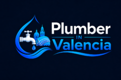 Plumber in Valencia logo with a faucet, water drop and Valencia architecture.