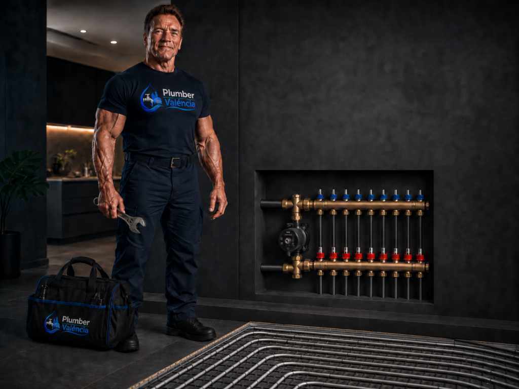 Professional plumber in Valencia standing next to an underfloor heating manifold and water supply system