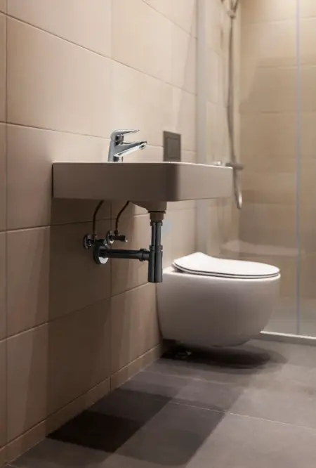 Modern bathroom plumbing installation with wall-mounted sink, faucet, exposed pipe connections and wall-hung toilet in Ruzafa, Valencia.