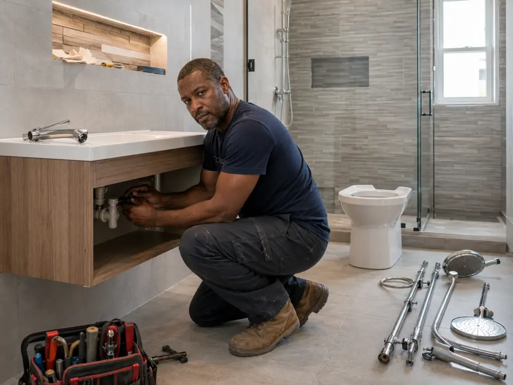 Plumber replacing a kitchen sink siphon in a Valencia apartment