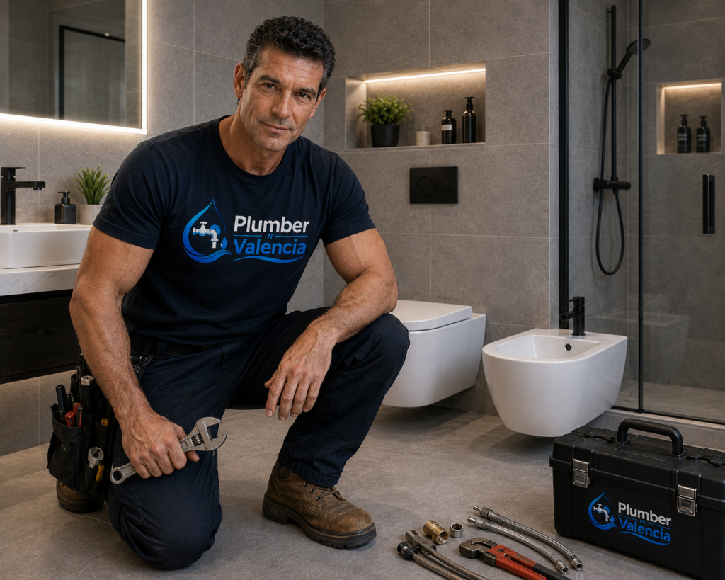 Professional plumber installing bathroom plumbing fixtures in a modern bathroom. Shower installation, toilet installation, bidet installation and complete bathroom plumbing services in Valencia.