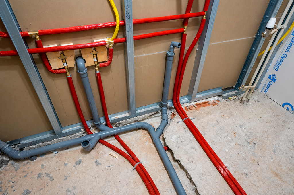 Alt text: Bathroom plumbing and drainage pipe installation during renovation in Ruzafa, Valencia