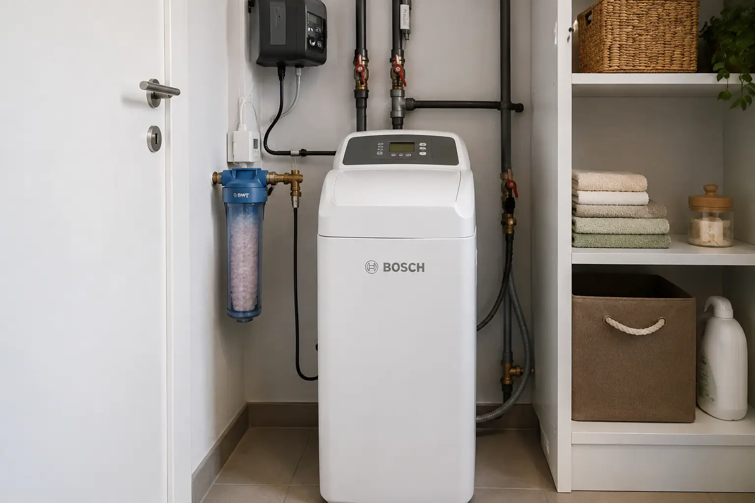 Installed Bosch water softener in a modern utility room with connected water filter and pipework