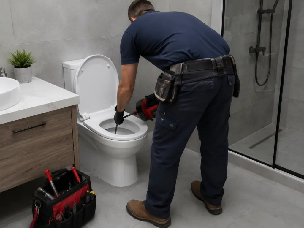 Plumber unblocking a toilet with a drain cleaning machine in a modern bathroom