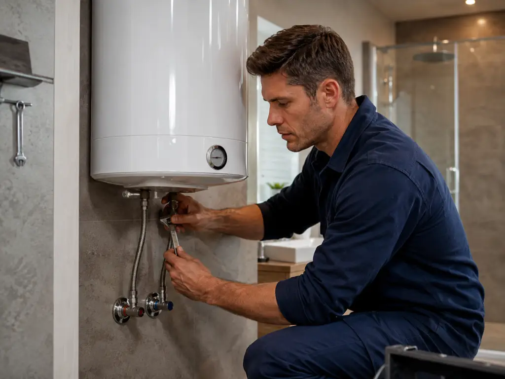 Plumber installing a wall-mounted electric water heater in a modern bathroom in Valencia