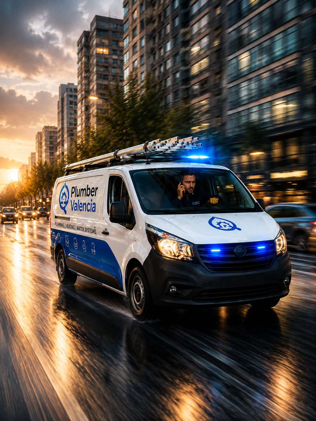 Emergency plumber driving to an urgent plumbing call in Valencia for leak repair and broken pipe service