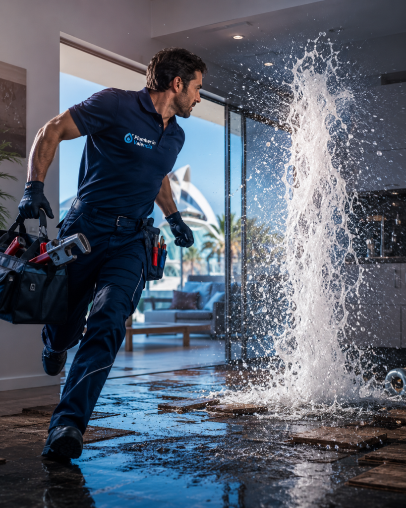 Emergency plumber rushing to repair a serious water leak coming from the floor in Valencia