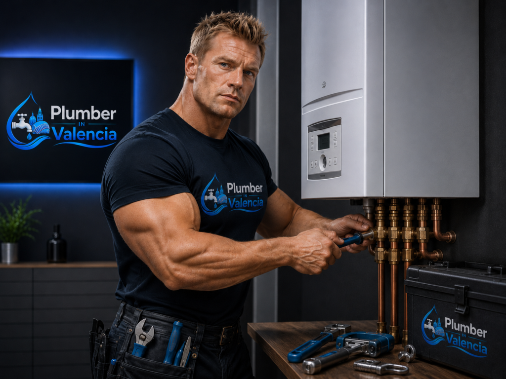 Plumber installing a gas boiler with clean pipe connections and Plumber in Valencia logo