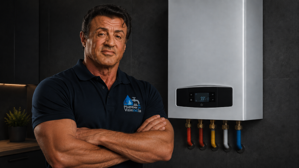 Plumber in Valencia standing next to an installed gas boiler with five connected pipes for water, gas and heating.