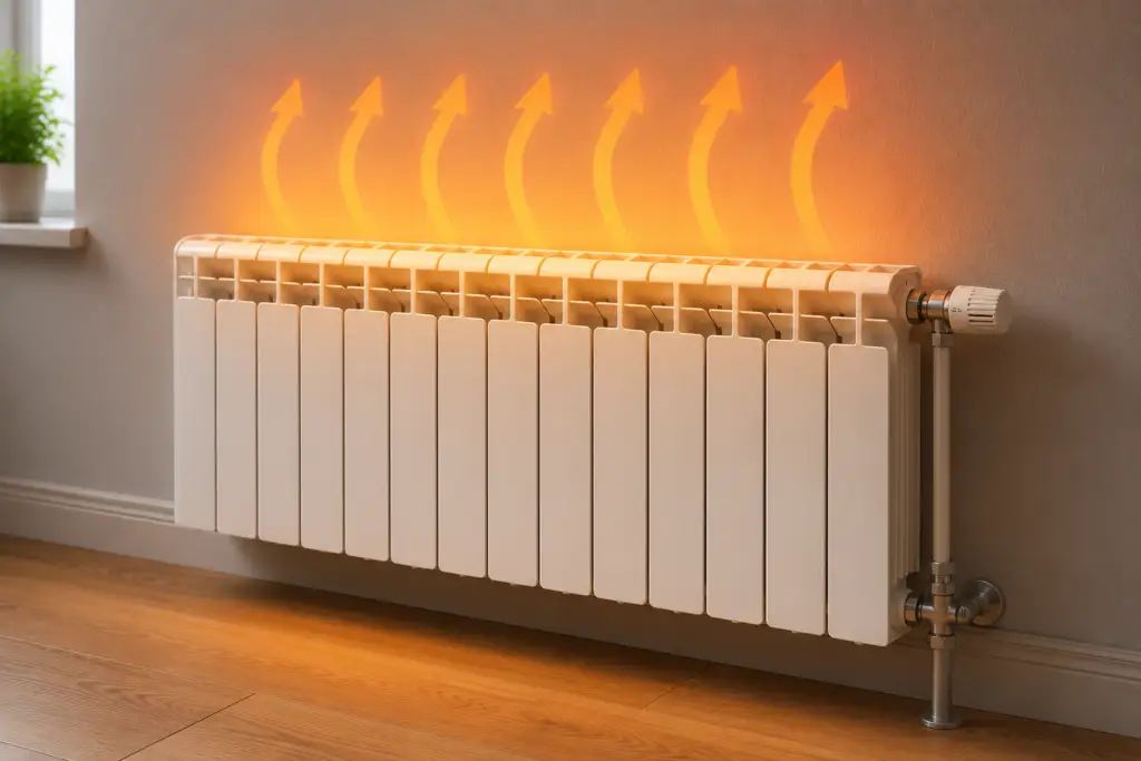 White wall-mounted radiator giving off heat in a modern home interior