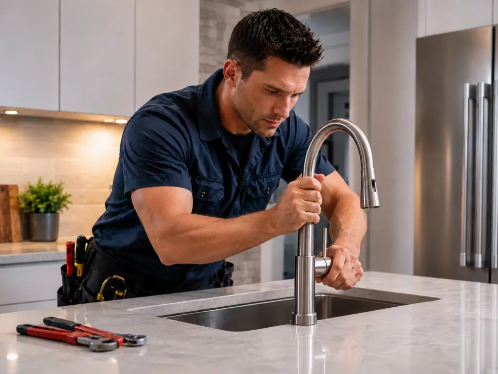 Plumber installing a kitchen tap on a modern sink countertop in Valencia