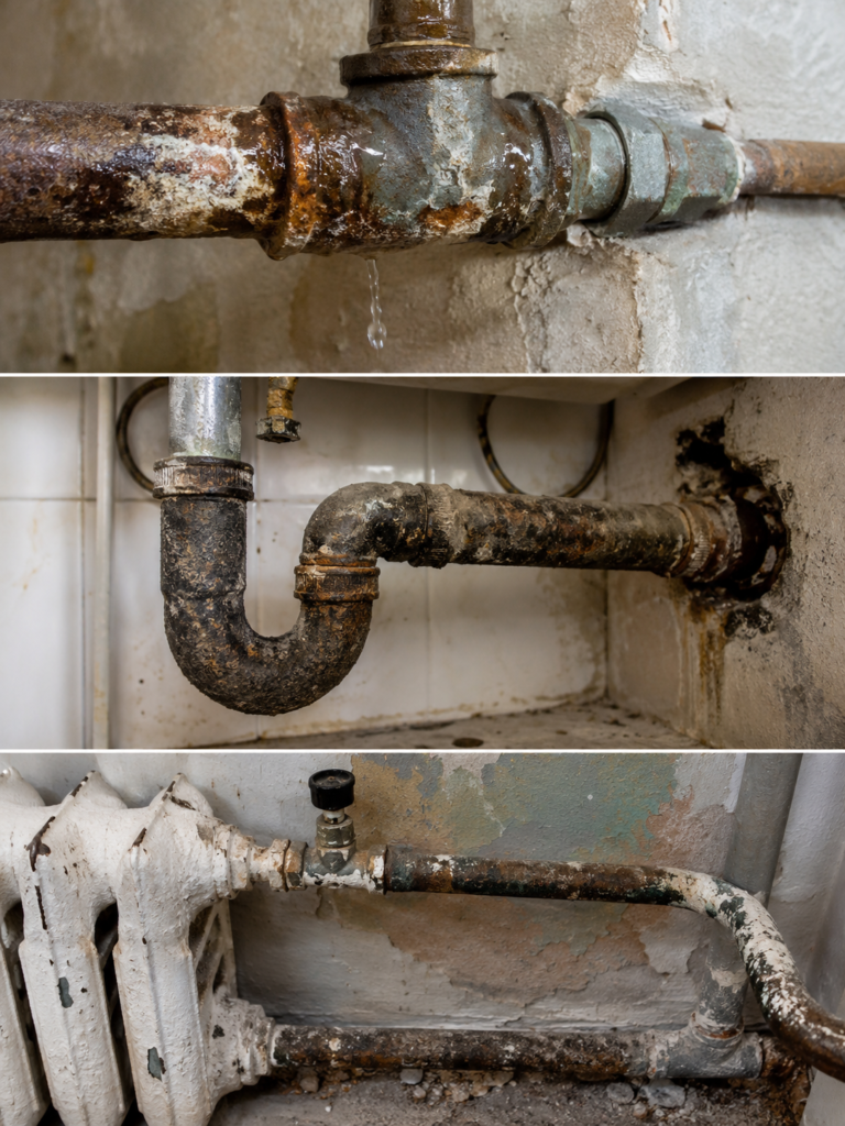 Vertical collage of old damaged water supply, drainage and heating pipes that need replacement in Valencia