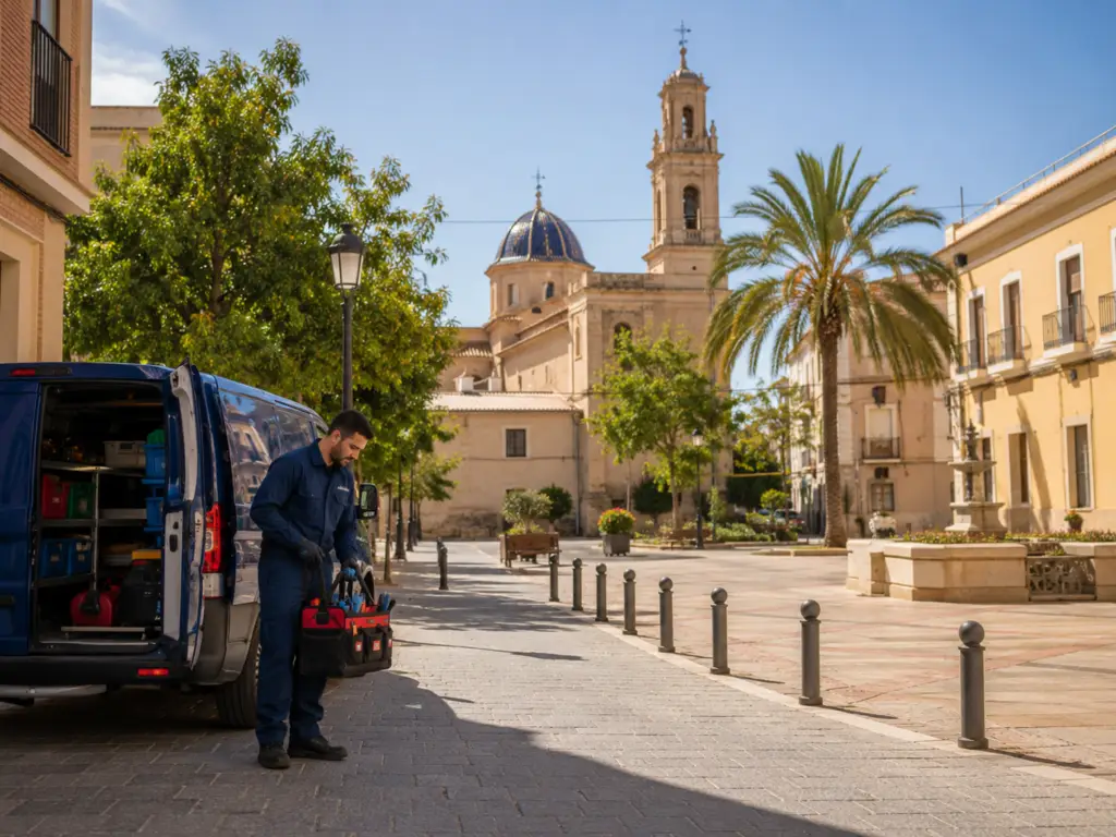 English-speaking plumber in Manises near Valencia preparing tools near a service van