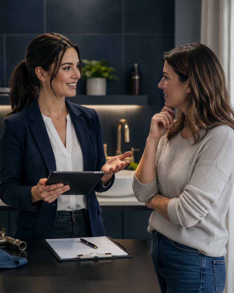 Company representative answering a client’s questions about plumbing services in Valencia