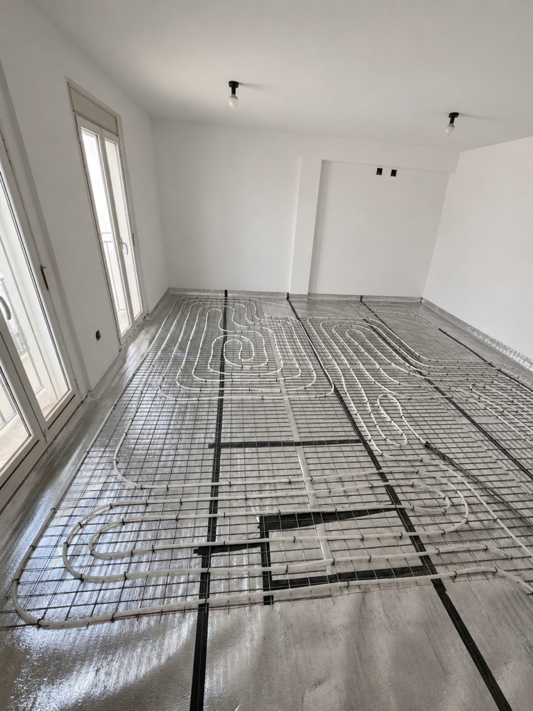 Underfloor heating installation with reflective insulation, reinforcement mesh, and neatly laid pipework in Valencia