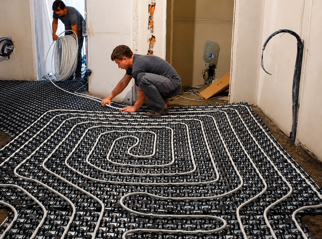 Underfloor heating pipe installation by plumbers during apartment renovation in Valencia
