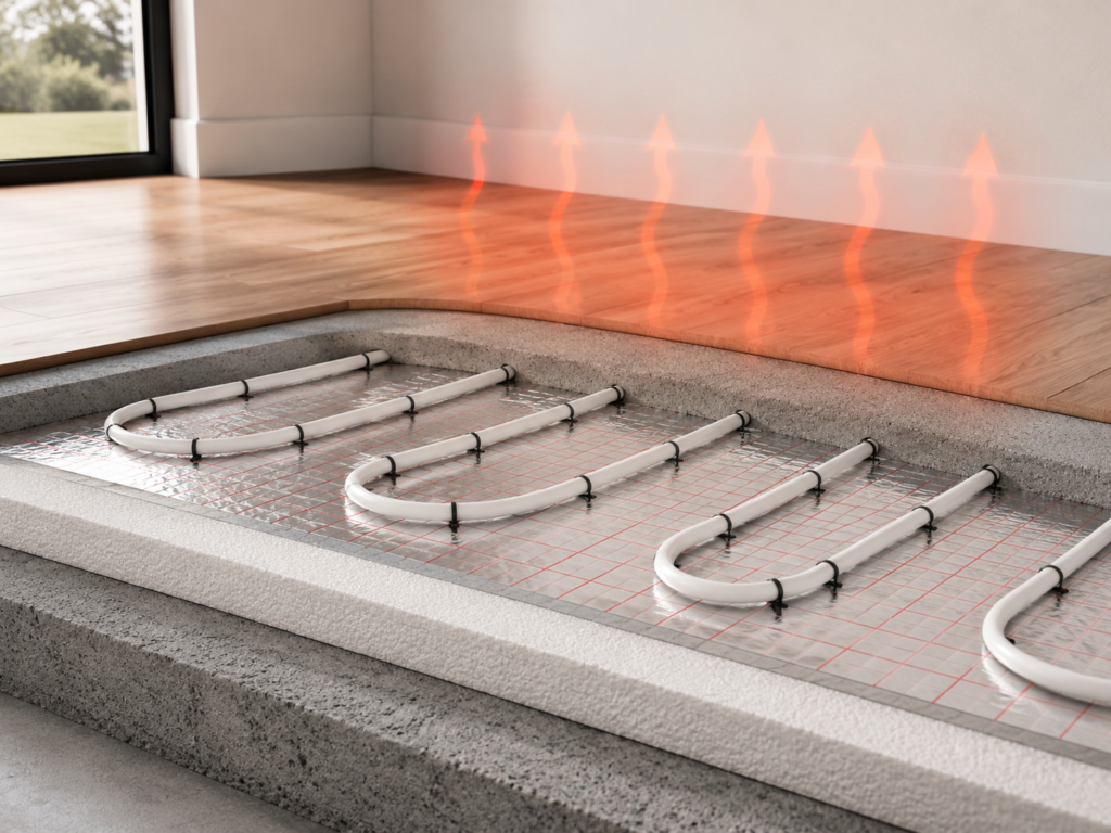 Water underfloor heating system with heating pipes, reflective insulation, floor layers, and warm heat effect in Valencia