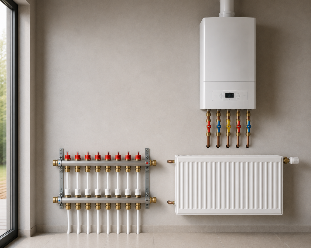 Professional underfloor heating manifold, radiator and gas boiler installation in a Valencia home. Modern heating system with concealed pipework and high-quality plumbing installation.