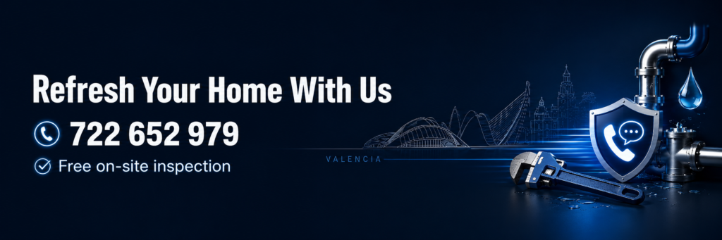 Horizontal plumbing service banner in Valencia with pipes, water droplet, wrench and contact icon for urgent plumbing help