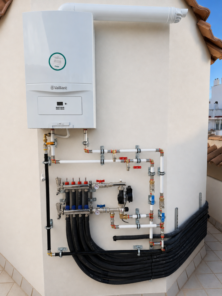 Vaillant gas boiler installation with underfloor heating manifold circulation pump, and pipework on an exterior house wall en Ciutat Vela