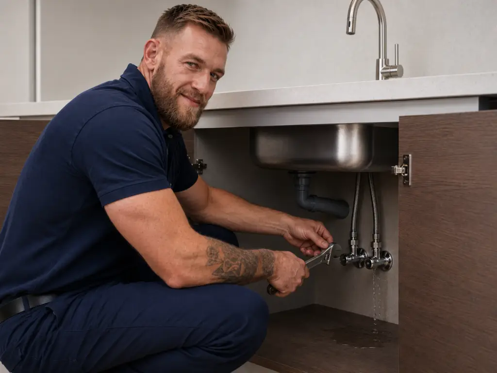 Plumber installing a kitchen tap during a plumbing service in Valencia