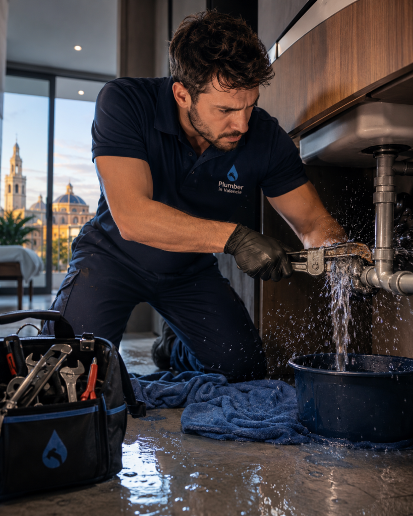Plumber in Valencia urgently repairing a water leak under a sink in a modern apartment