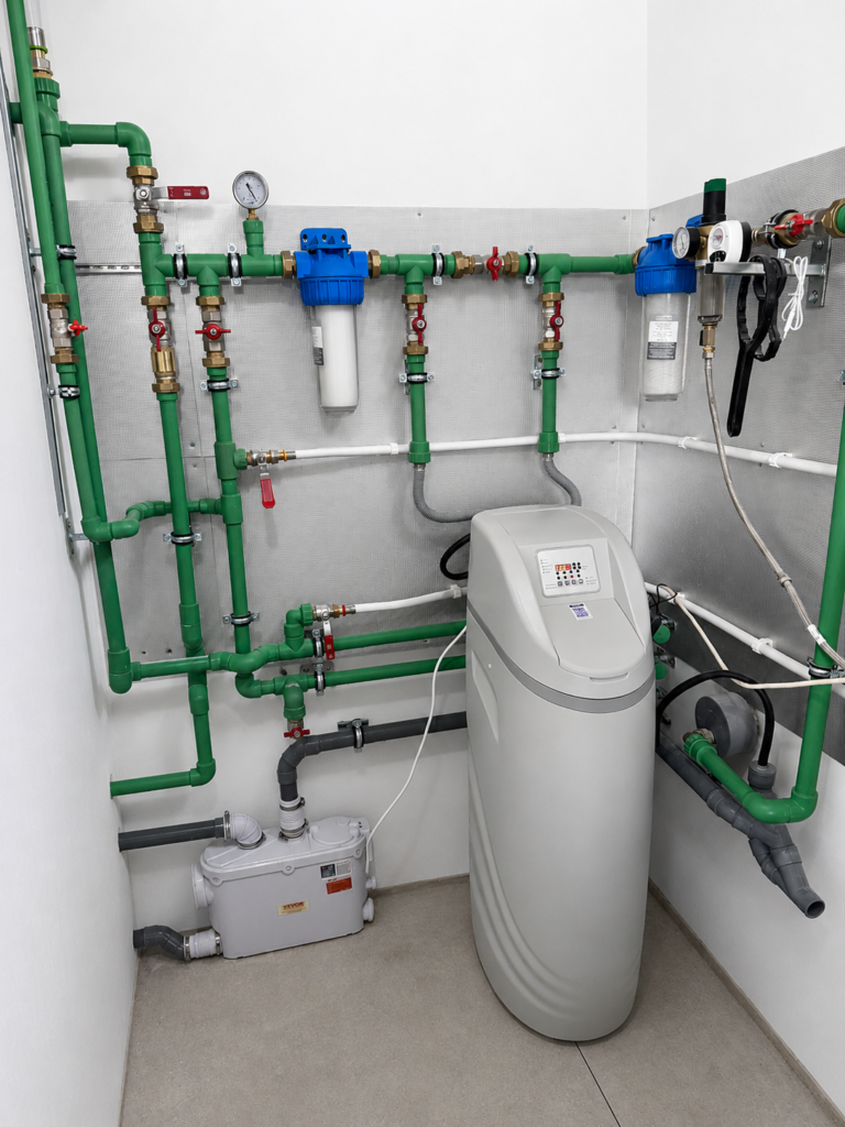 Water softener installation with filters, shut-off valves, pressure gauges, and green pipework in a technical room in Valencia